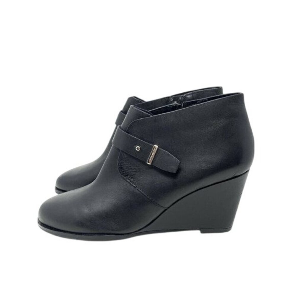 Cole Haan Black Leather Wedge Ankle Boots Buckle Size 9.5 Booties